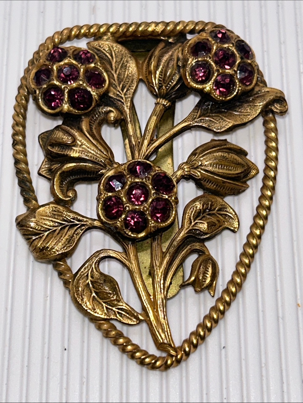 Vintage Gold Floral Dress Clip with Purple Rhinestones